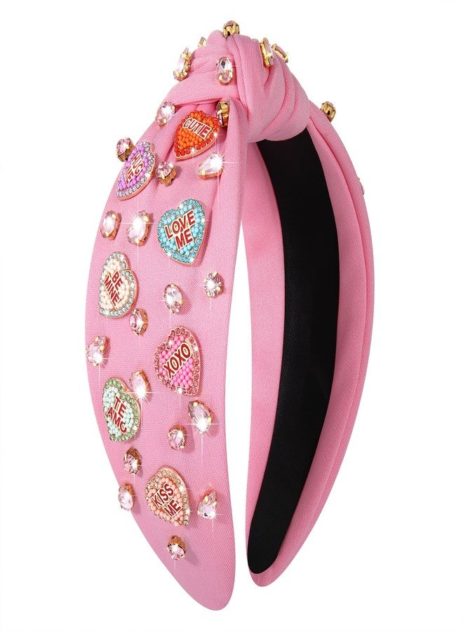 MOLOCH Pink Heart Headband for Women Rhinestone Conversation Love Heart Headbands Crystal Knotted Bejeweled Wide Velvet Fashion Hairband Valentines Day Country Concert Hair Accessories - Image 1